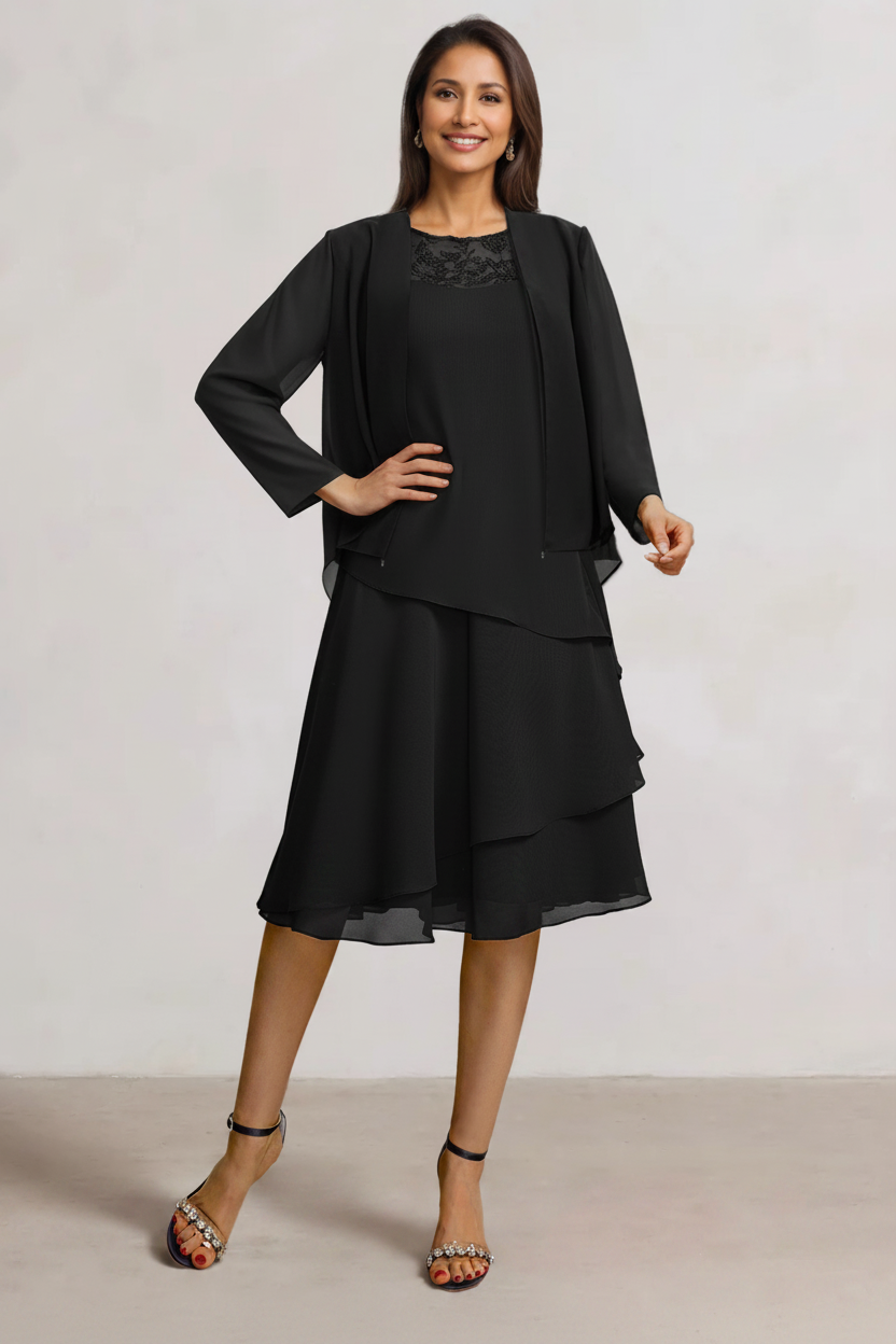 2 Pieces A-Line Scoop Chiffon Mother of the Bride Dresses Sleeveless Knee-Length with Ruffles