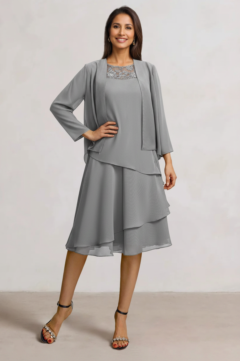 2 Pieces A-Line Scoop Chiffon Mother of the Bride Dresses Sleeveless Knee-Length with Ruffles