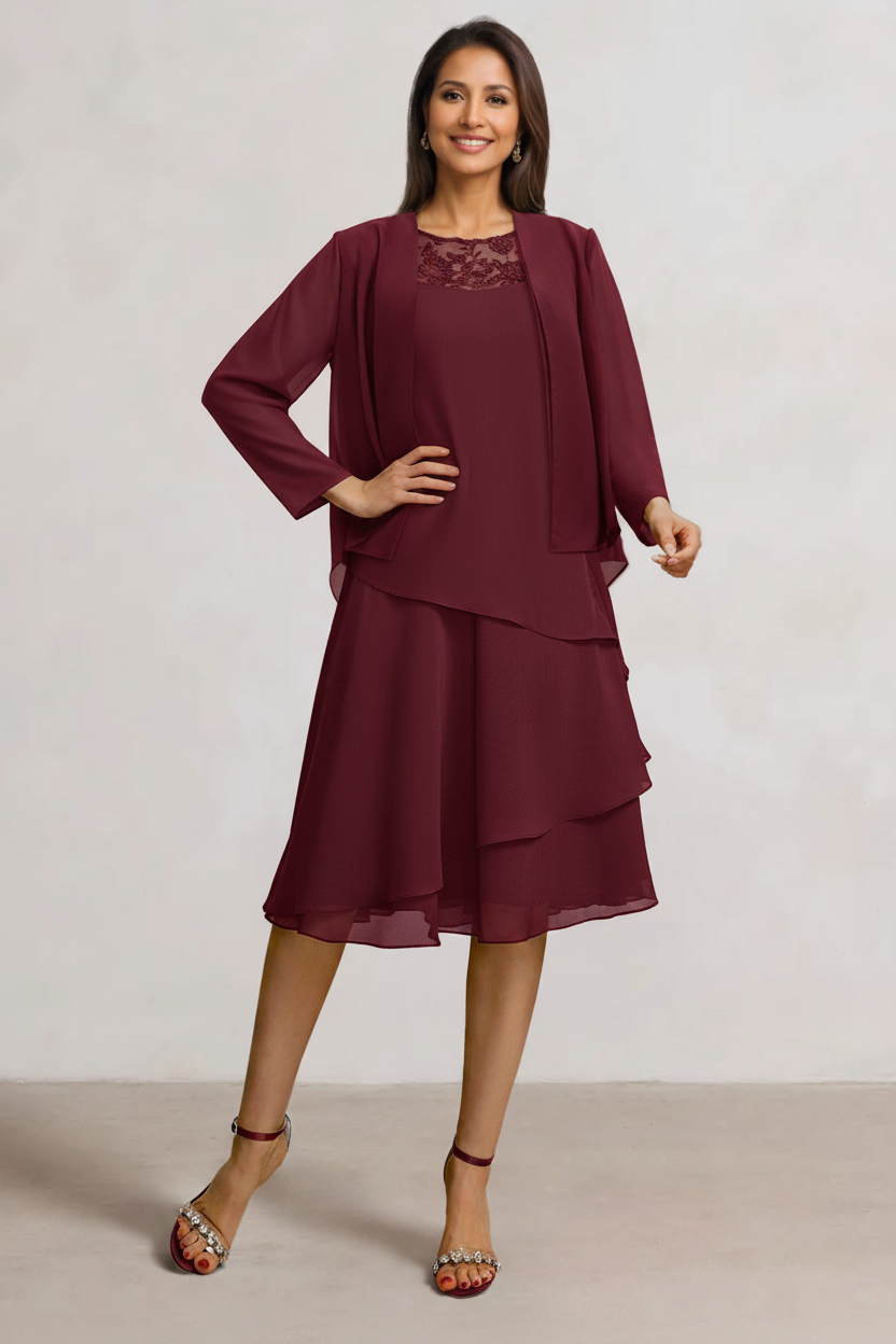 2 Pieces A-Line Scoop Chiffon Mother of the Bride Dresses Sleeveless Knee-Length with Ruffles