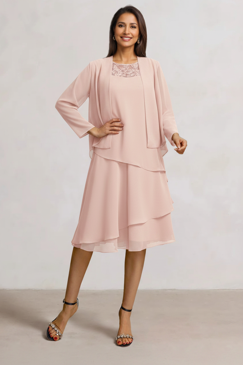 2 Pieces A-Line Scoop Chiffon Mother of the Bride Dresses Sleeveless Knee-Length with Ruffles
