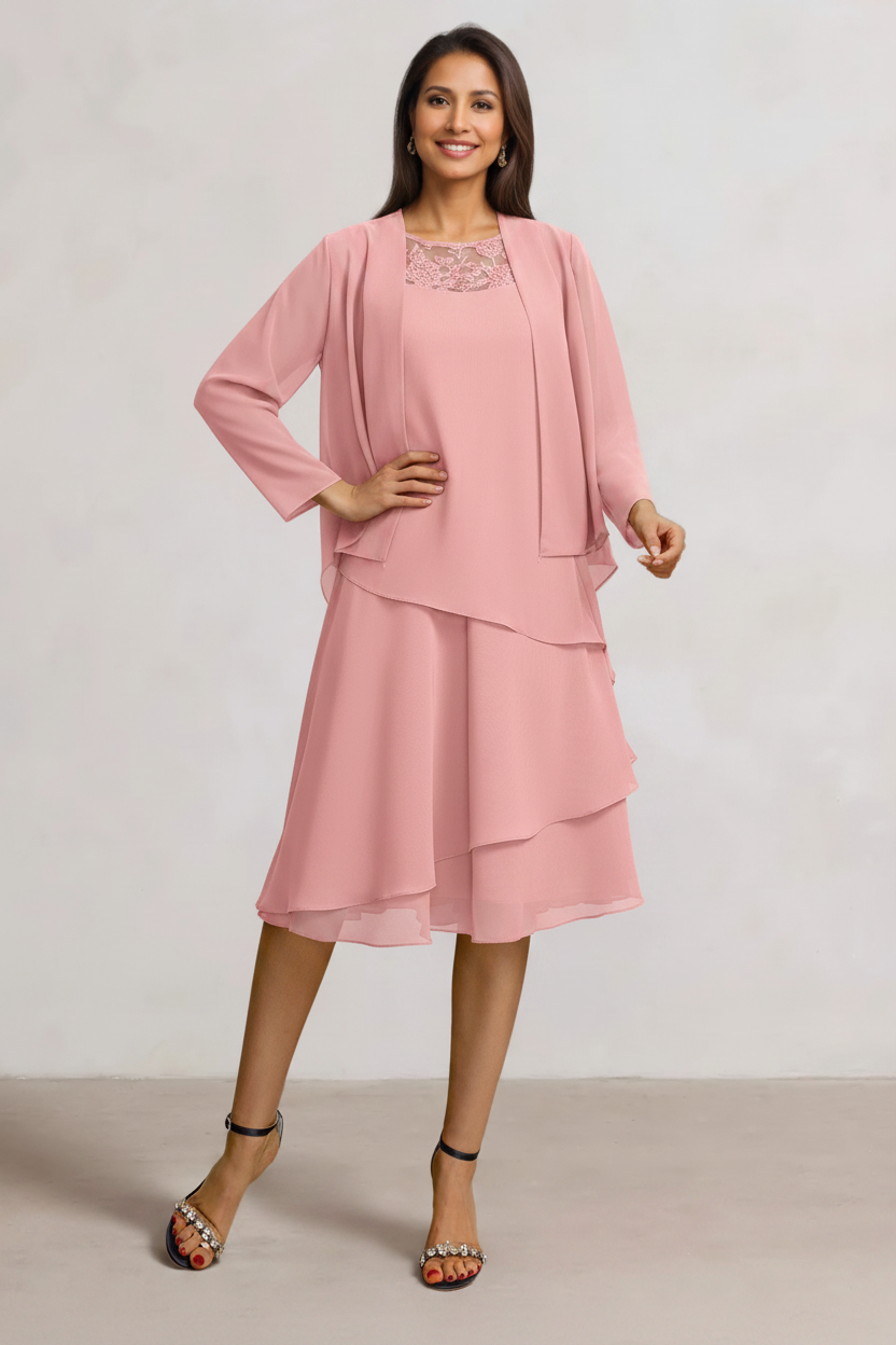 2 Pieces A-Line Scoop Chiffon Mother of the Bride Dresses Sleeveless Knee-Length with Ruffles