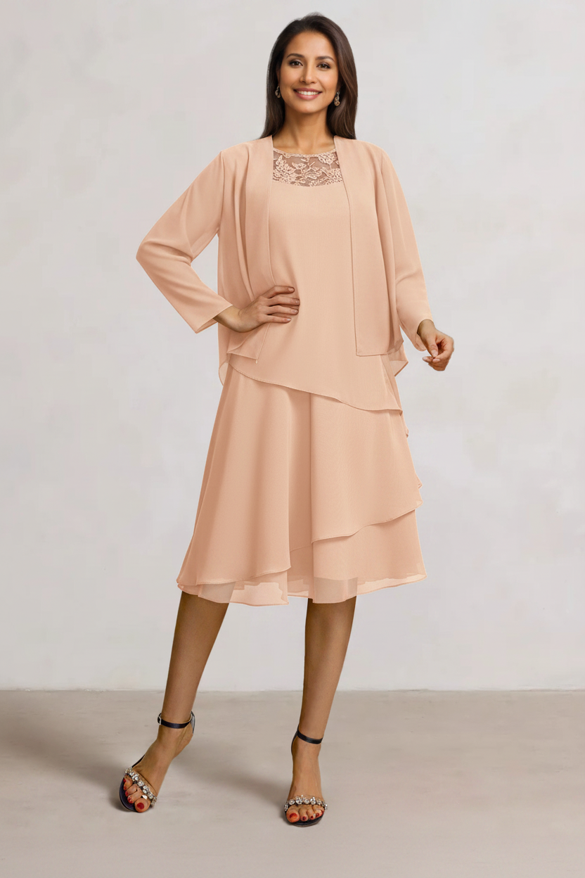 2 Pieces A-Line Scoop Chiffon Mother of the Bride Dresses Sleeveless Knee-Length with Ruffles