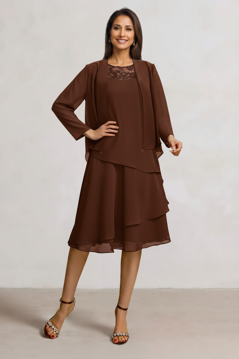 2 Pieces A-Line Scoop Chiffon Mother of the Bride Dresses Sleeveless Knee-Length with Ruffles