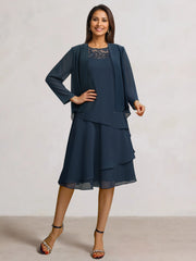 2 Pieces A-Line Scoop Chiffon Mother of the Bride Dresses Sleeveless Knee-Length with Ruffles