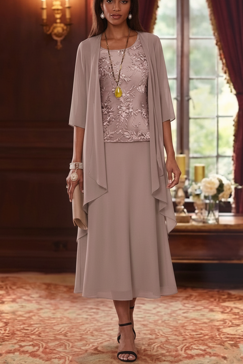 2 Pieces A-Line/Princess Scoop Chiffon Mother of the Bride Dresses with Jacket 3/4 Sleeves Tea-Length Lace