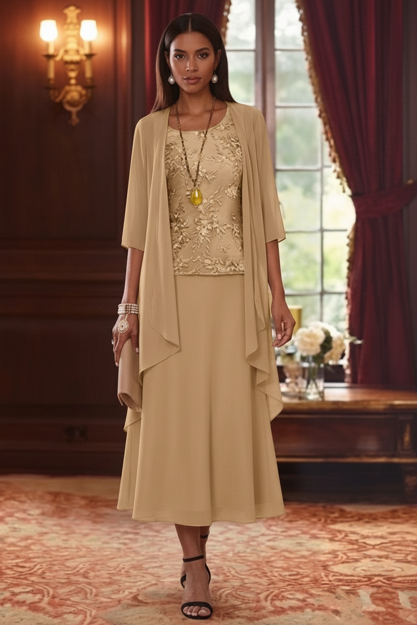 2 Pieces A-Line/Princess Scoop Chiffon Mother of the Bride Dresses with Jacket 3/4 Sleeves Tea-Length Lace