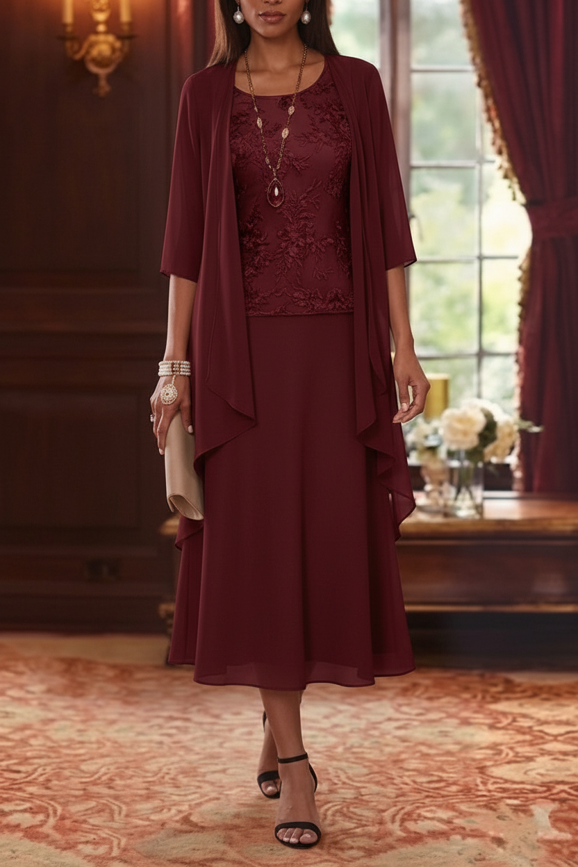 2 Pieces A-Line/Princess Scoop Chiffon Mother of the Bride Dresses with Jacket 3/4 Sleeves Tea-Length Lace