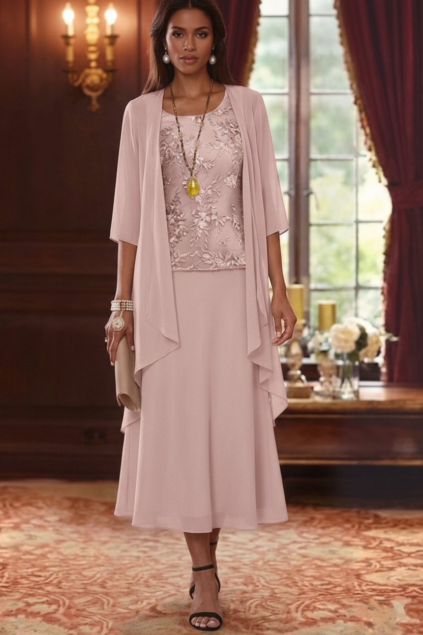 2 Pieces A-Line/Princess Scoop Chiffon Mother of the Bride Dresses with Jacket 3/4 Sleeves Tea-Length Lace