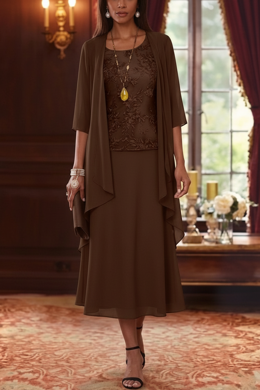 2 Pieces A-Line/Princess Scoop Chiffon Mother of the Bride Dresses with Jacket 3/4 Sleeves Tea-Length Lace
