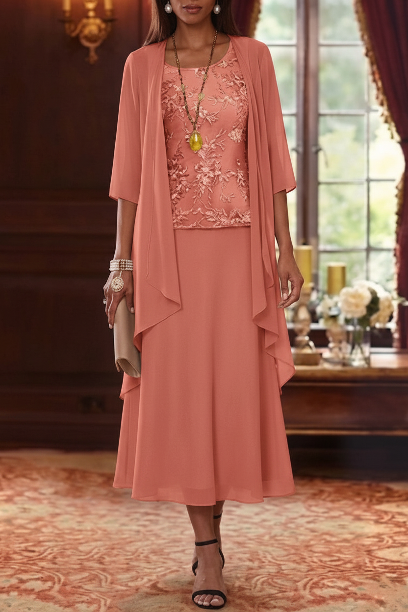 2 Pieces A-Line/Princess Scoop Chiffon Mother of the Bride Dresses with Jacket 3/4 Sleeves Tea-Length Lace