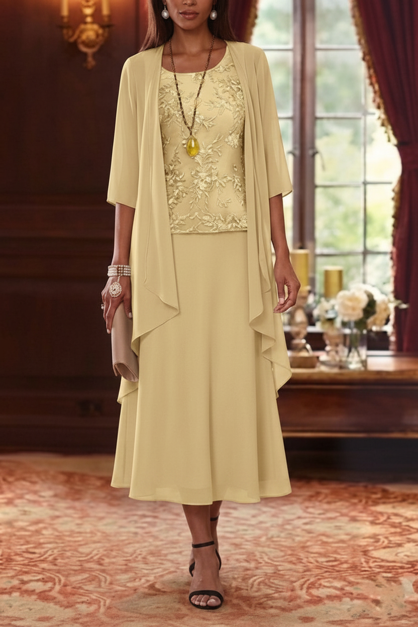 2 Pieces A-Line/Princess Scoop Chiffon Mother of the Bride Dresses with Jacket 3/4 Sleeves Tea-Length Lace