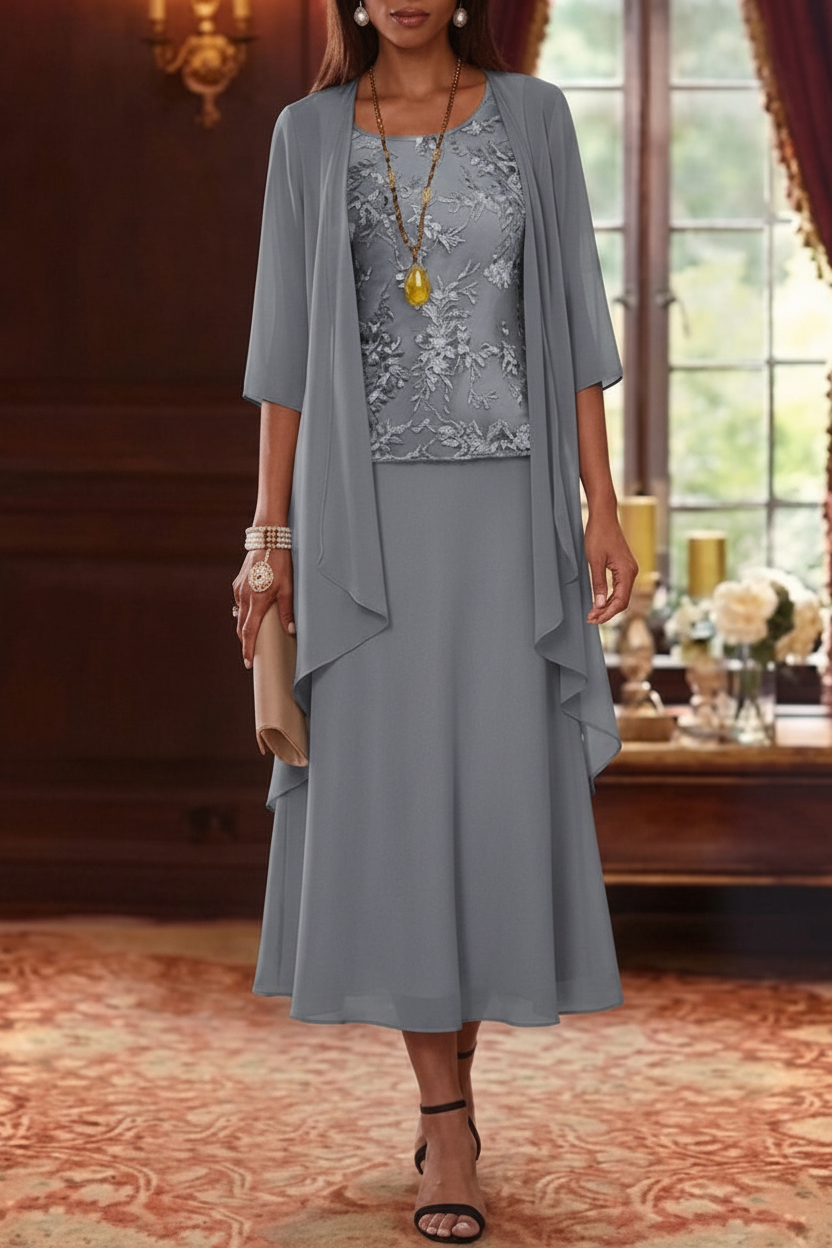 2 Pieces A-Line/Princess Scoop Chiffon Mother of the Bride Dresses with Jacket 3/4 Sleeves Tea-Length Lace