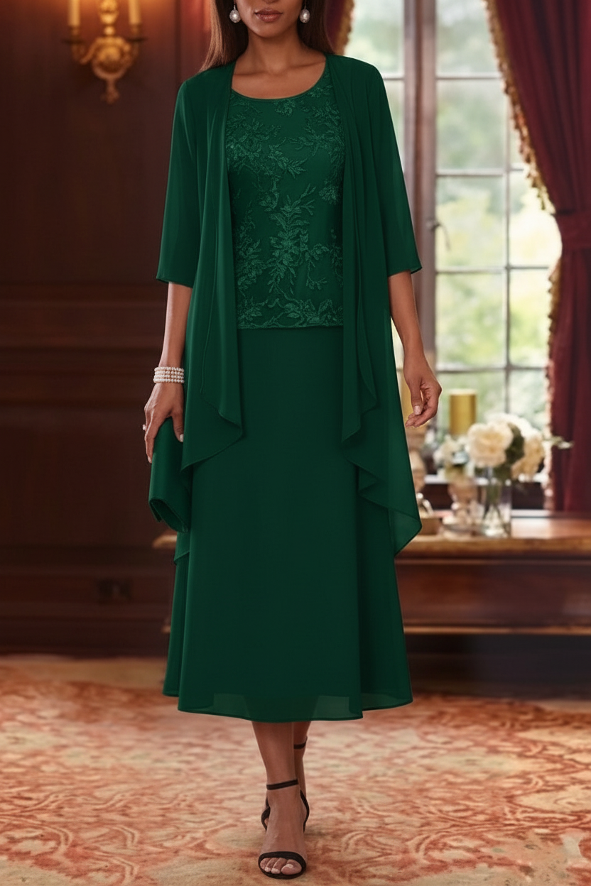 2 Pieces A-Line/Princess Scoop Chiffon Mother of the Bride Dresses with Jacket 3/4 Sleeves Tea-Length Lace