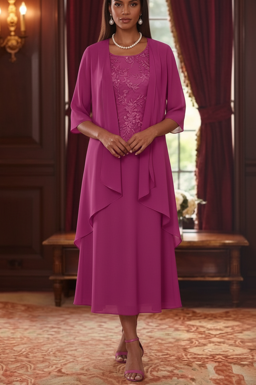 2 Pieces A-Line/Princess Scoop Chiffon Mother of the Bride Dresses with Jacket 3/4 Sleeves Tea-Length Lace