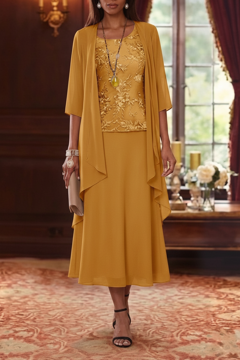 2 Pieces A-Line/Princess Scoop Chiffon Mother of the Bride Dresses with Jacket 3/4 Sleeves Tea-Length Lace