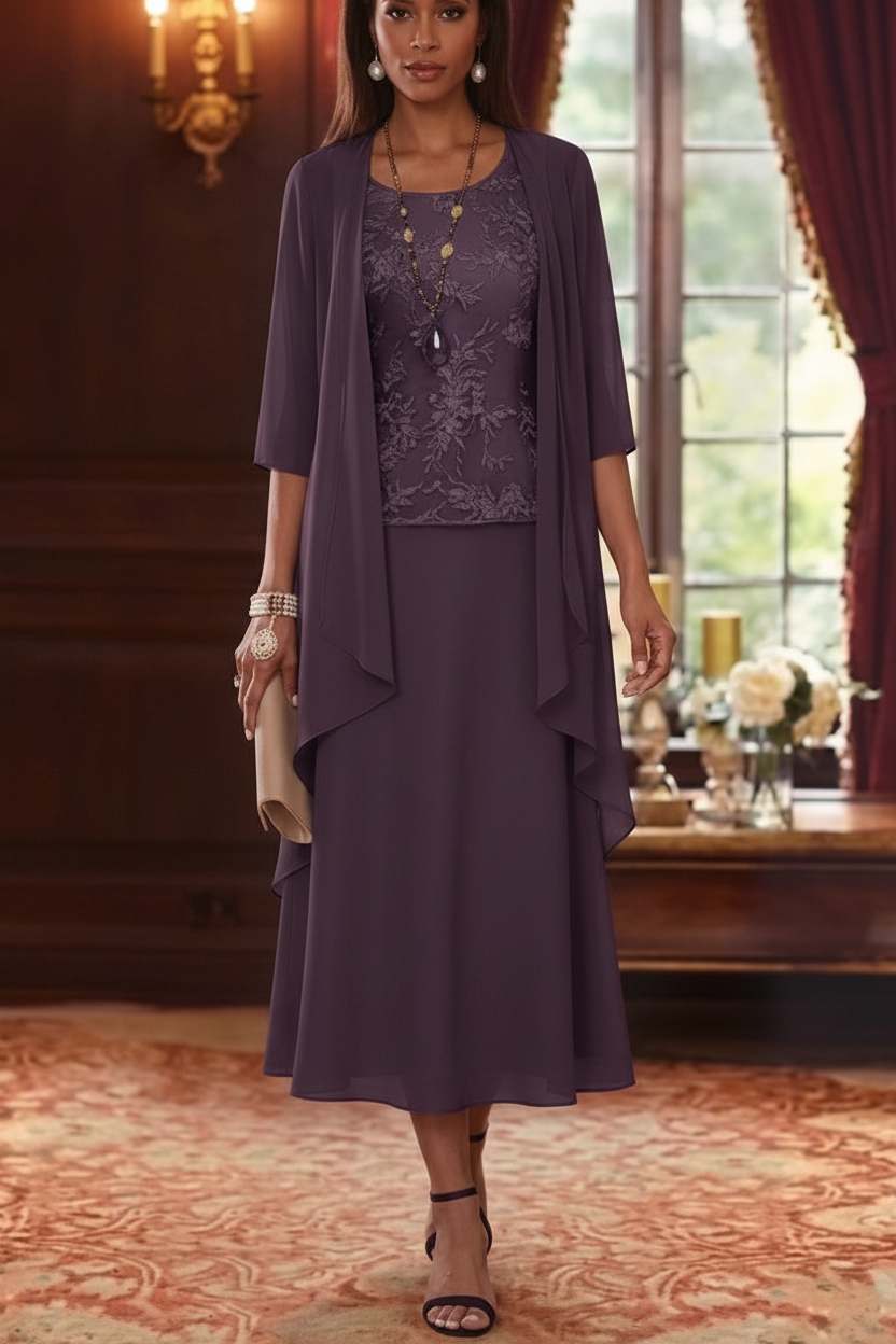 2 Pieces A-Line/Princess Scoop Chiffon Mother of the Bride Dresses with Jacket 3/4 Sleeves Tea-Length Lace