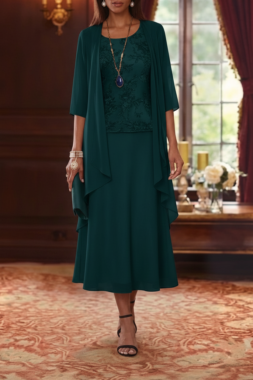2 Pieces A-Line/Princess Scoop Chiffon Mother of the Bride Dresses with Jacket 3/4 Sleeves Tea-Length Lace