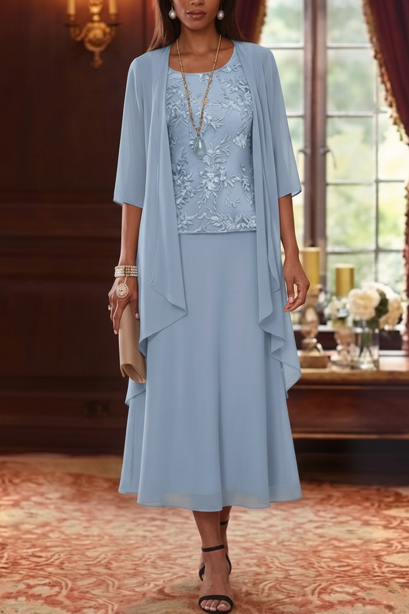 2 Pieces A-Line/Princess Scoop Chiffon Mother of the Bride Dresses with Jacket 3/4 Sleeves Tea-Length Lace