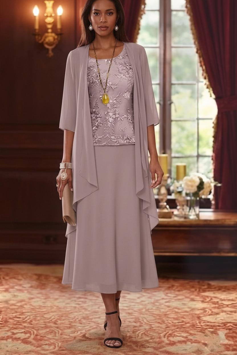 2 Pieces A-Line/Princess Scoop Chiffon Mother of the Bride Dresses with Jacket 3/4 Sleeves Tea-Length Lace