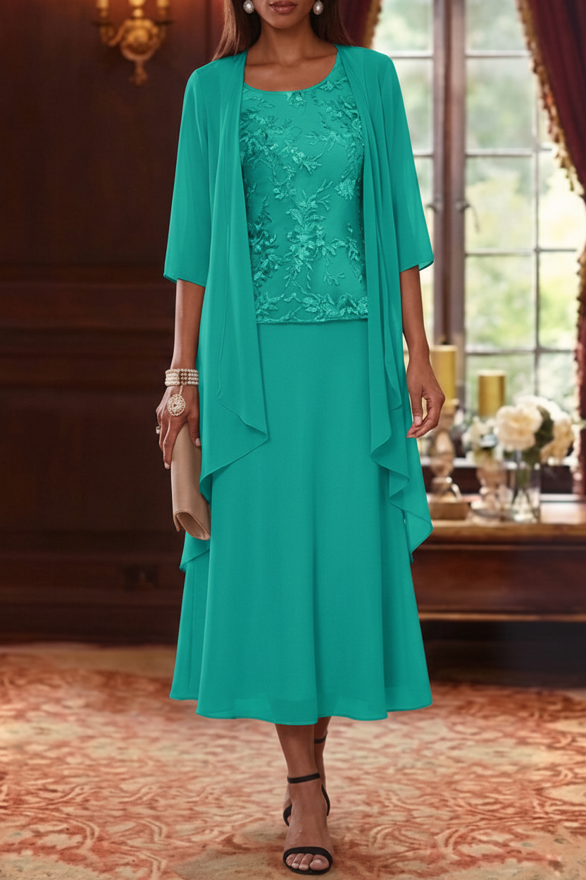 2 Pieces A-Line/Princess Scoop Chiffon Mother of the Bride Dresses with Jacket 3/4 Sleeves Tea-Length Lace