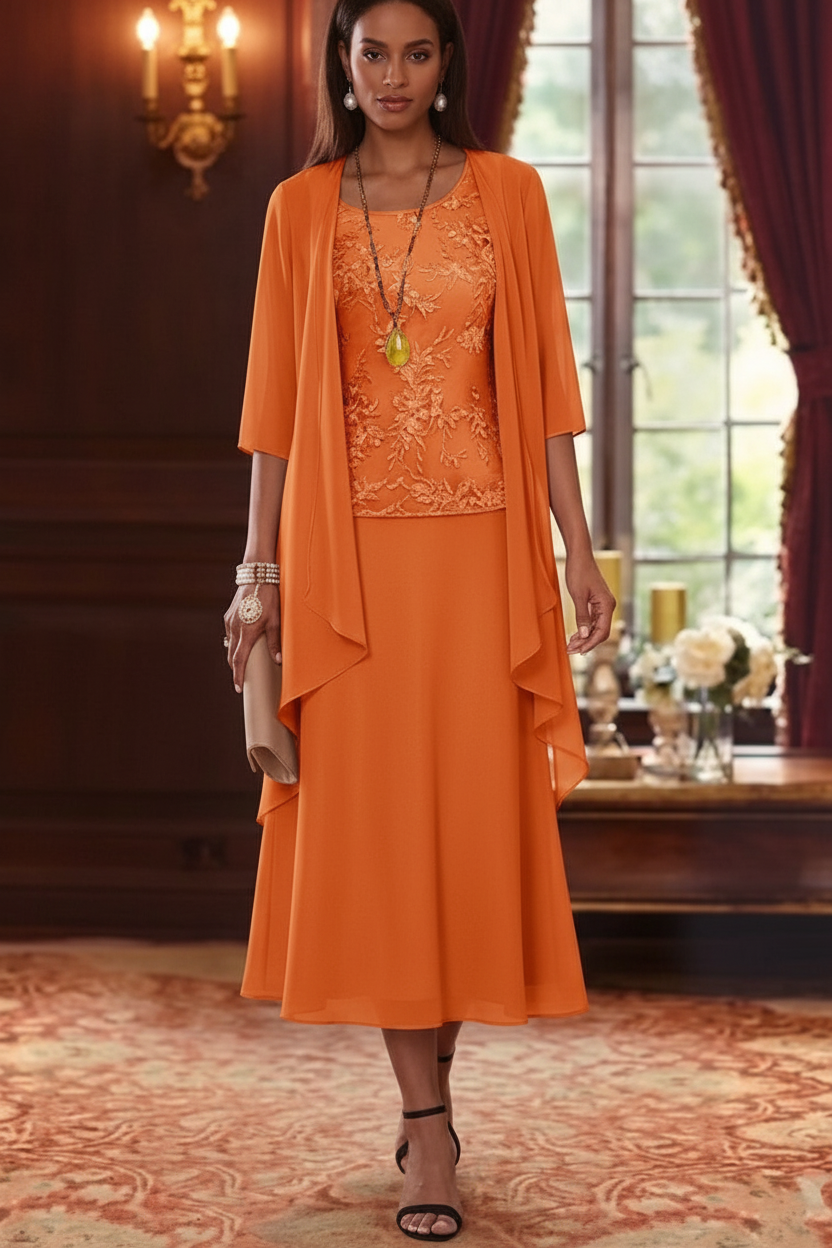 2 Pieces A-Line/Princess Scoop Chiffon Mother of the Bride Dresses with Jacket 3/4 Sleeves Tea-Length Lace