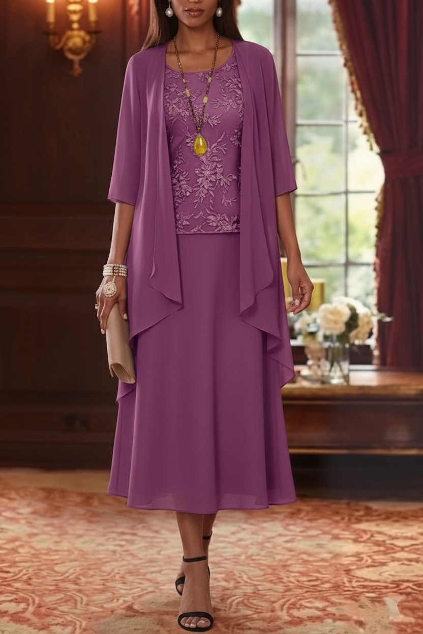 2 Pieces A-Line/Princess Scoop Chiffon Mother of the Bride Dresses with Jacket 3/4 Sleeves Tea-Length Lace