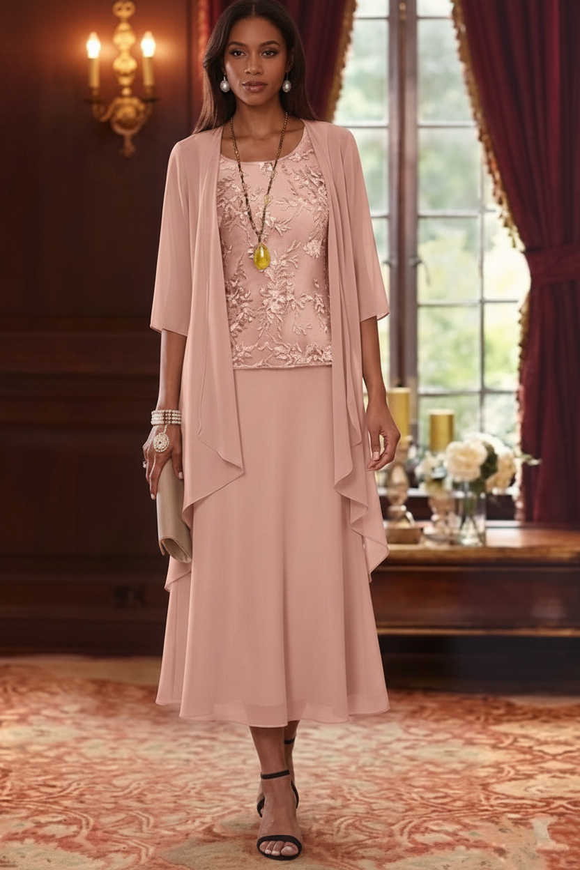 2 Pieces A-Line/Princess Scoop Chiffon Mother of the Bride Dresses with Jacket 3/4 Sleeves Tea-Length Lace