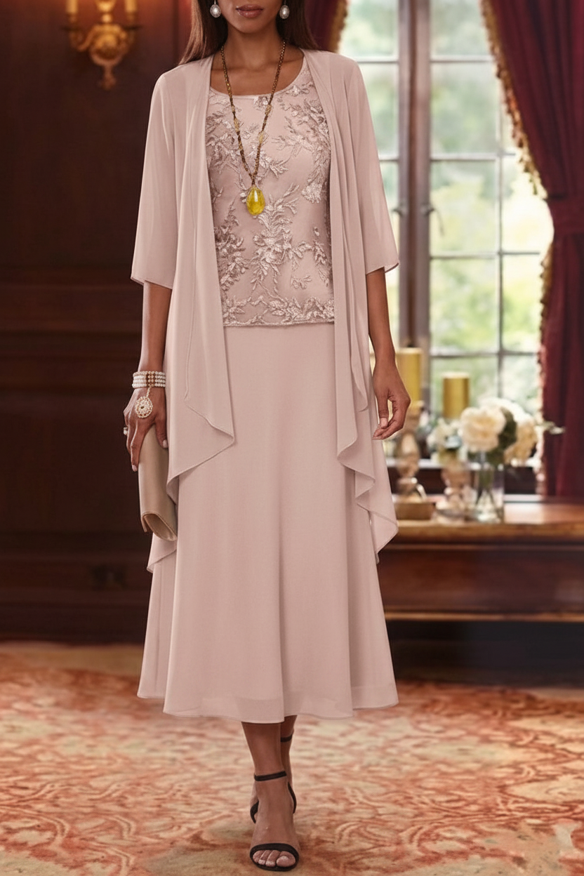2 Pieces A-Line/Princess Scoop Chiffon Mother of the Bride Dresses with Jacket 3/4 Sleeves Tea-Length Lace