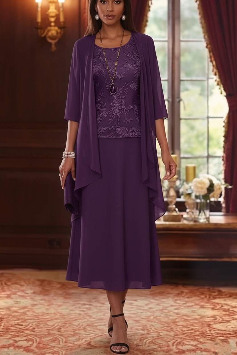 2 Pieces A-Line/Princess Scoop Chiffon Mother of the Bride Dresses with Jacket 3/4 Sleeves Tea-Length Lace