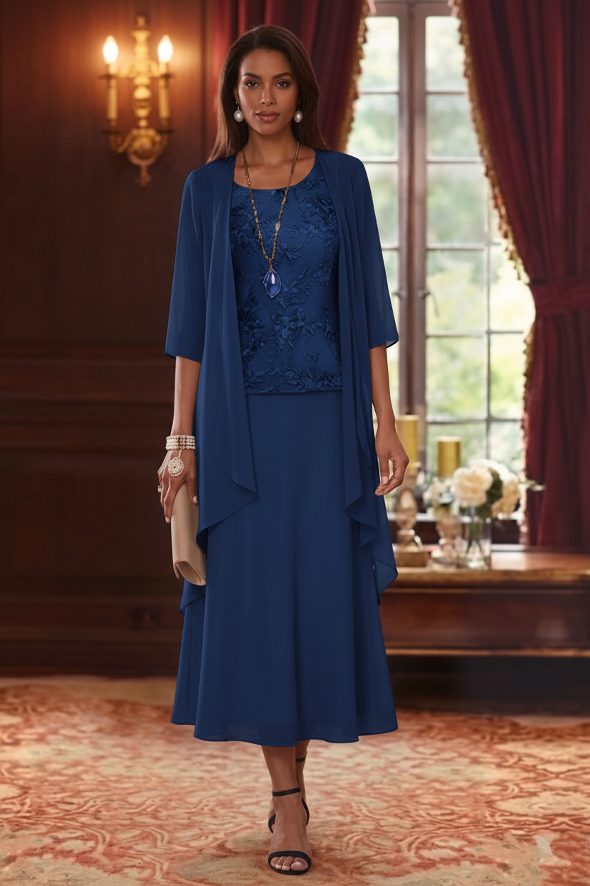 2 Pieces A-Line/Princess Scoop Chiffon Mother of the Bride Dresses with Jacket 3/4 Sleeves Tea-Length Lace