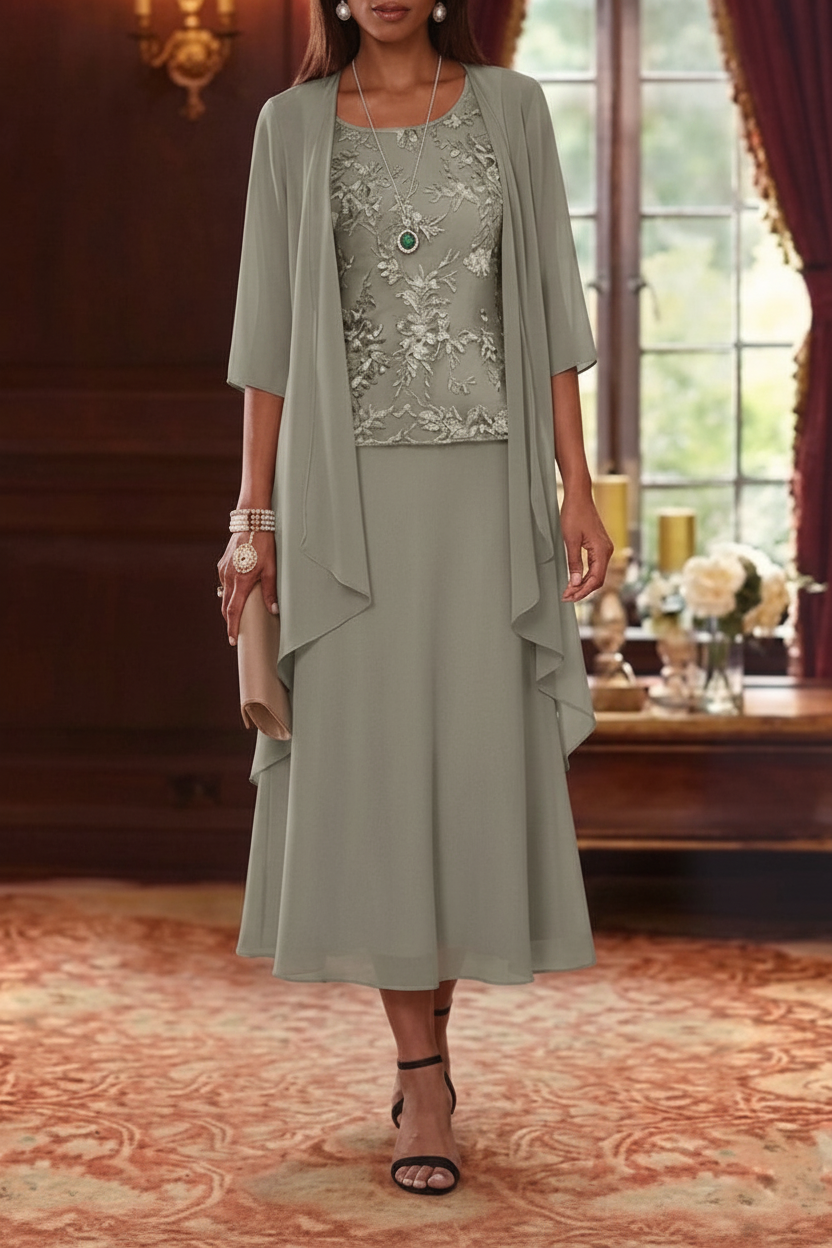 2 Pieces A-Line/Princess Scoop Chiffon Mother of the Bride Dresses with Jacket 3/4 Sleeves Tea-Length Lace