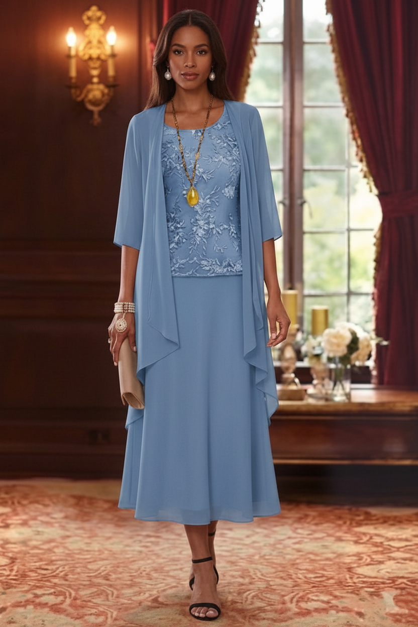 2 Pieces A-Line/Princess Scoop Chiffon Mother of the Bride Dresses with Jacket 3/4 Sleeves Tea-Length Lace