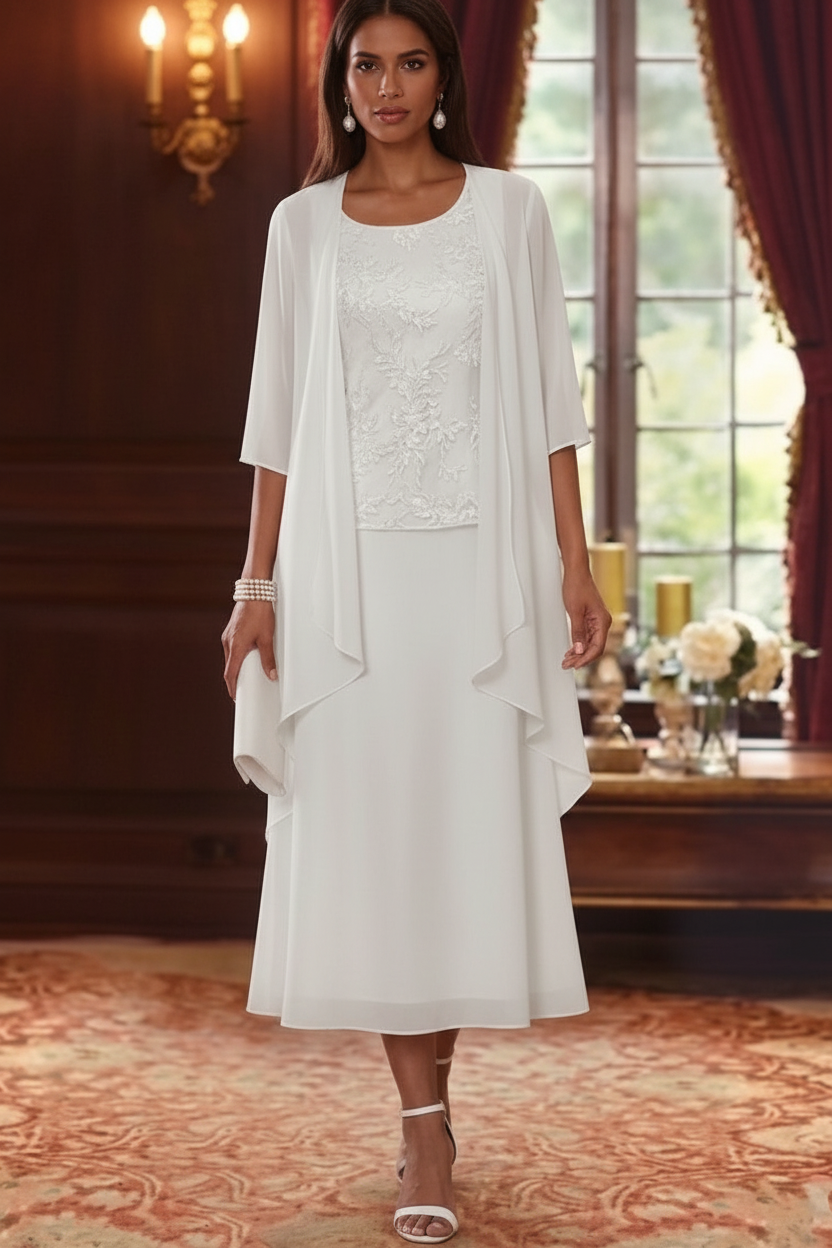 2 Pieces A-Line/Princess Scoop Chiffon Mother of the Bride Dresses with Jacket 3/4 Sleeves Tea-Length Lace