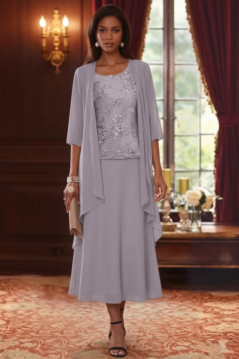 2 Pieces A-Line/Princess Scoop Chiffon Mother of the Bride Dresses with Jacket 3/4 Sleeves Tea-Length Lace