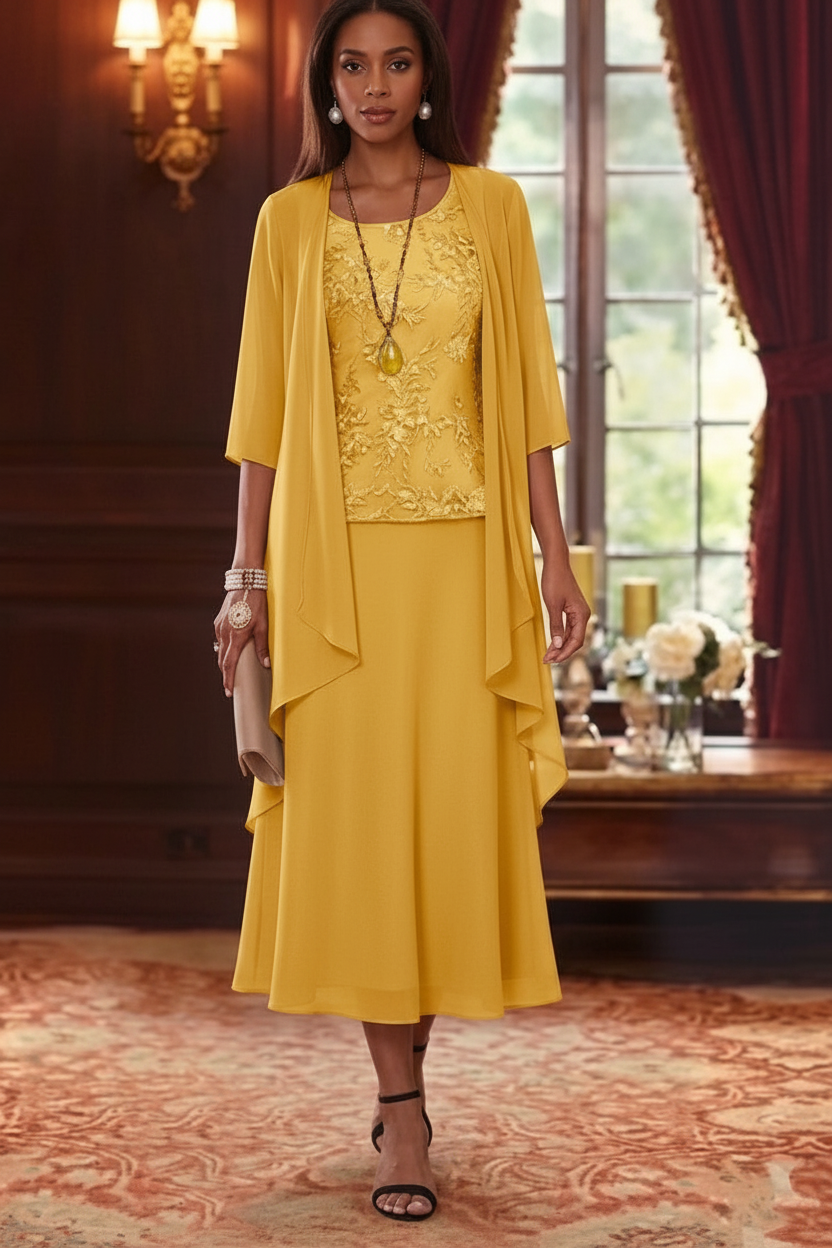 2 Pieces A-Line/Princess Scoop Chiffon Mother of the Bride Dresses with Jacket 3/4 Sleeves Tea-Length Lace