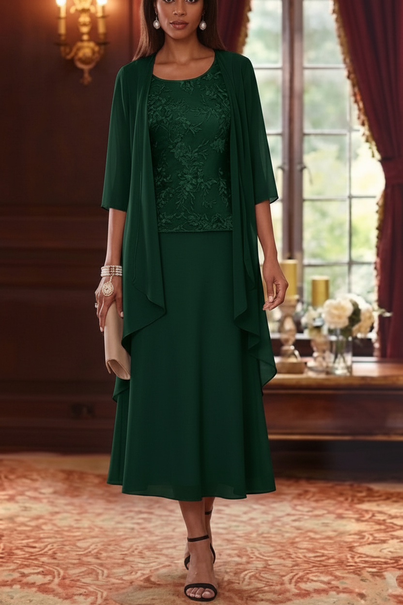 2 Pieces A-Line/Princess Scoop Chiffon Mother of the Bride Dresses with Jacket 3/4 Sleeves Tea-Length Lace