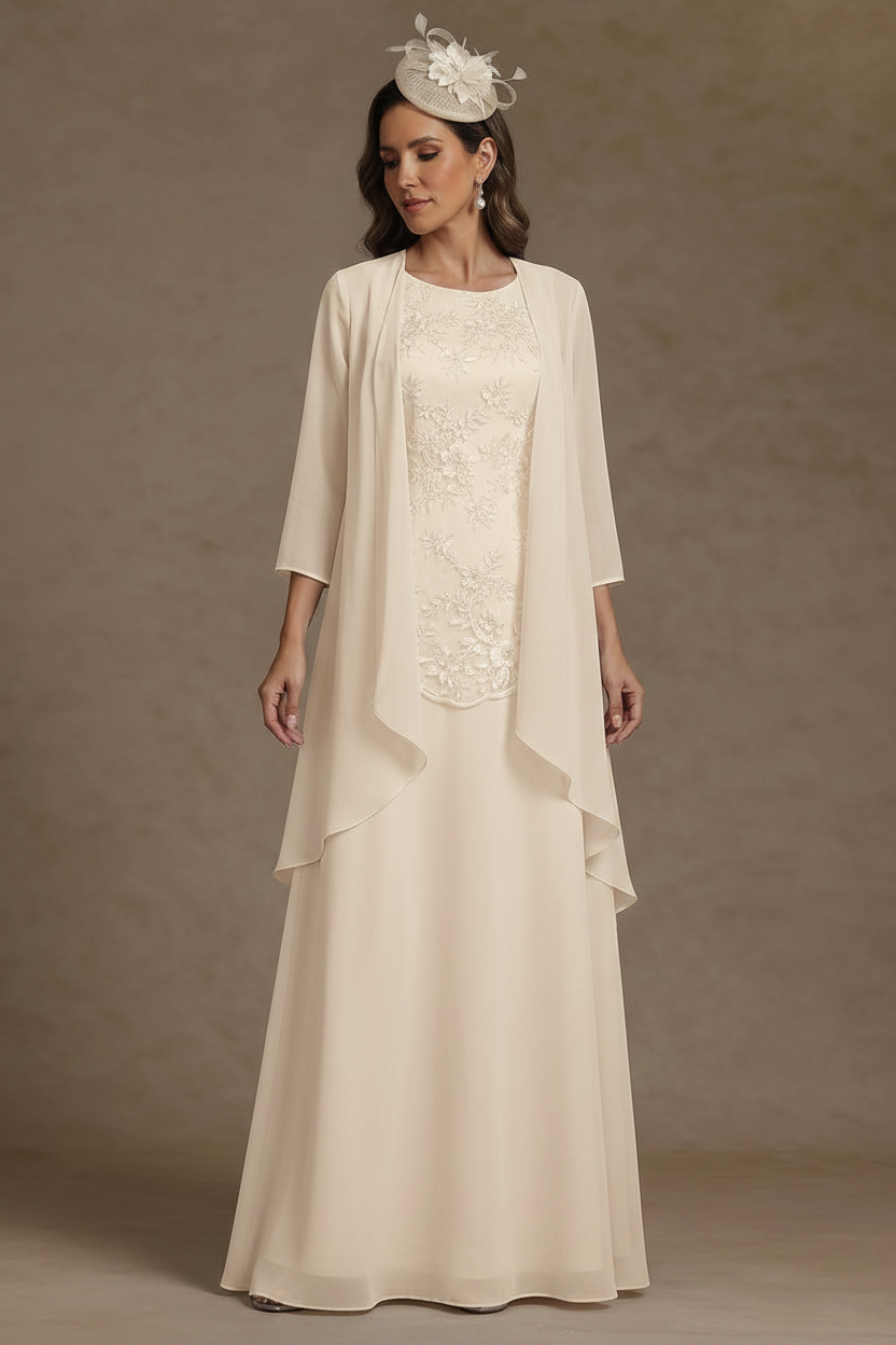 2 Pieces A-Line/Princess Scoop Chiffon Mother of the Bride Dresses with Jacket Floor-Length 3/4 Sleeves Lace