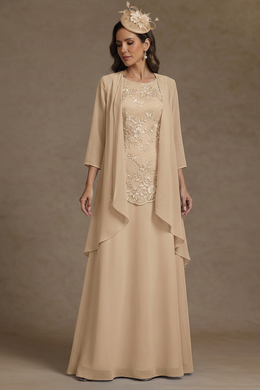 2 Pieces A-Line/Princess Scoop Chiffon Mother of the Bride Dresses with Jacket Floor-Length 3/4 Sleeves Lace