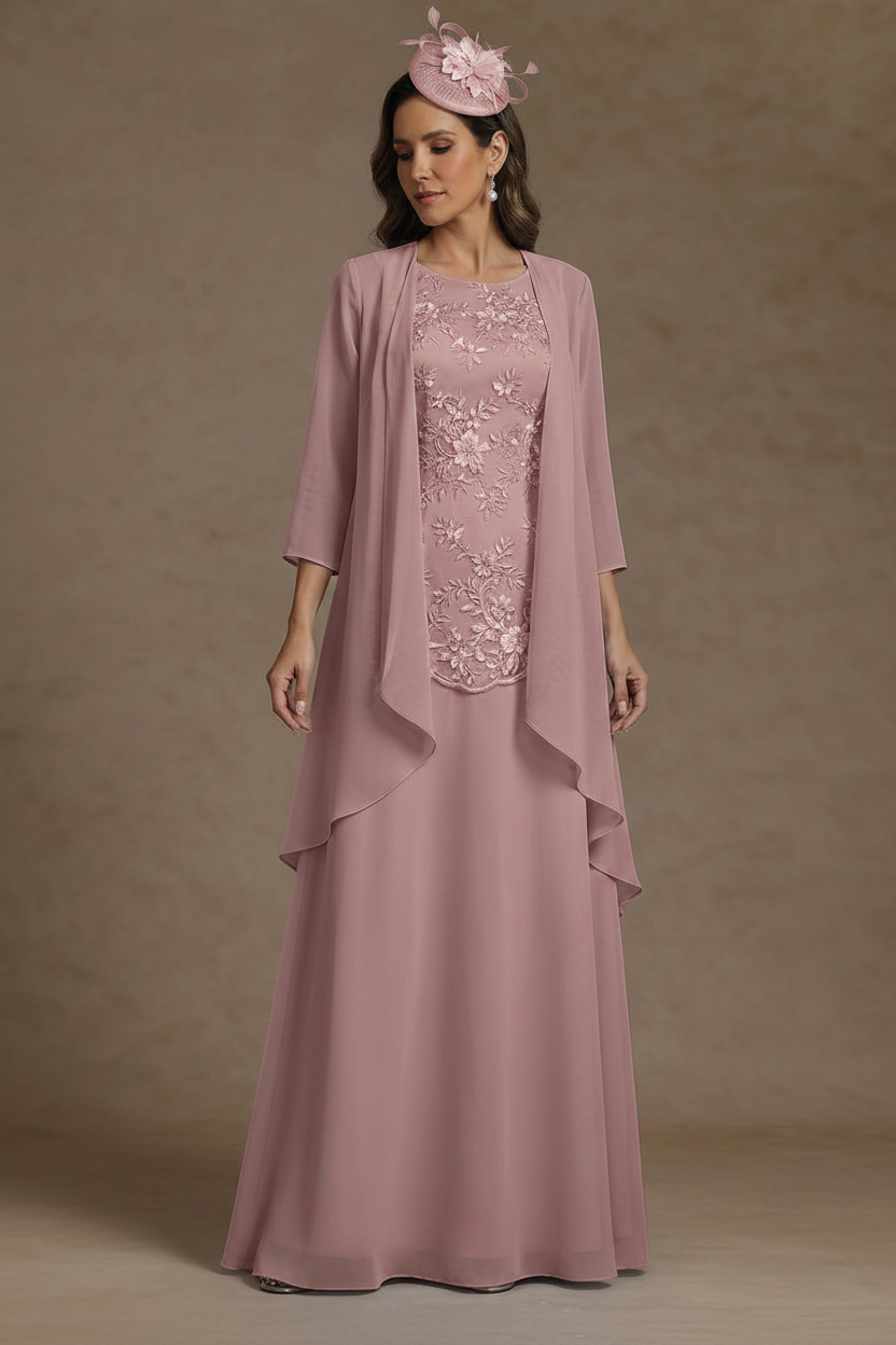 2 Pieces A-Line/Princess Scoop Chiffon Mother of the Bride Dresses with Jacket Floor-Length 3/4 Sleeves Lace