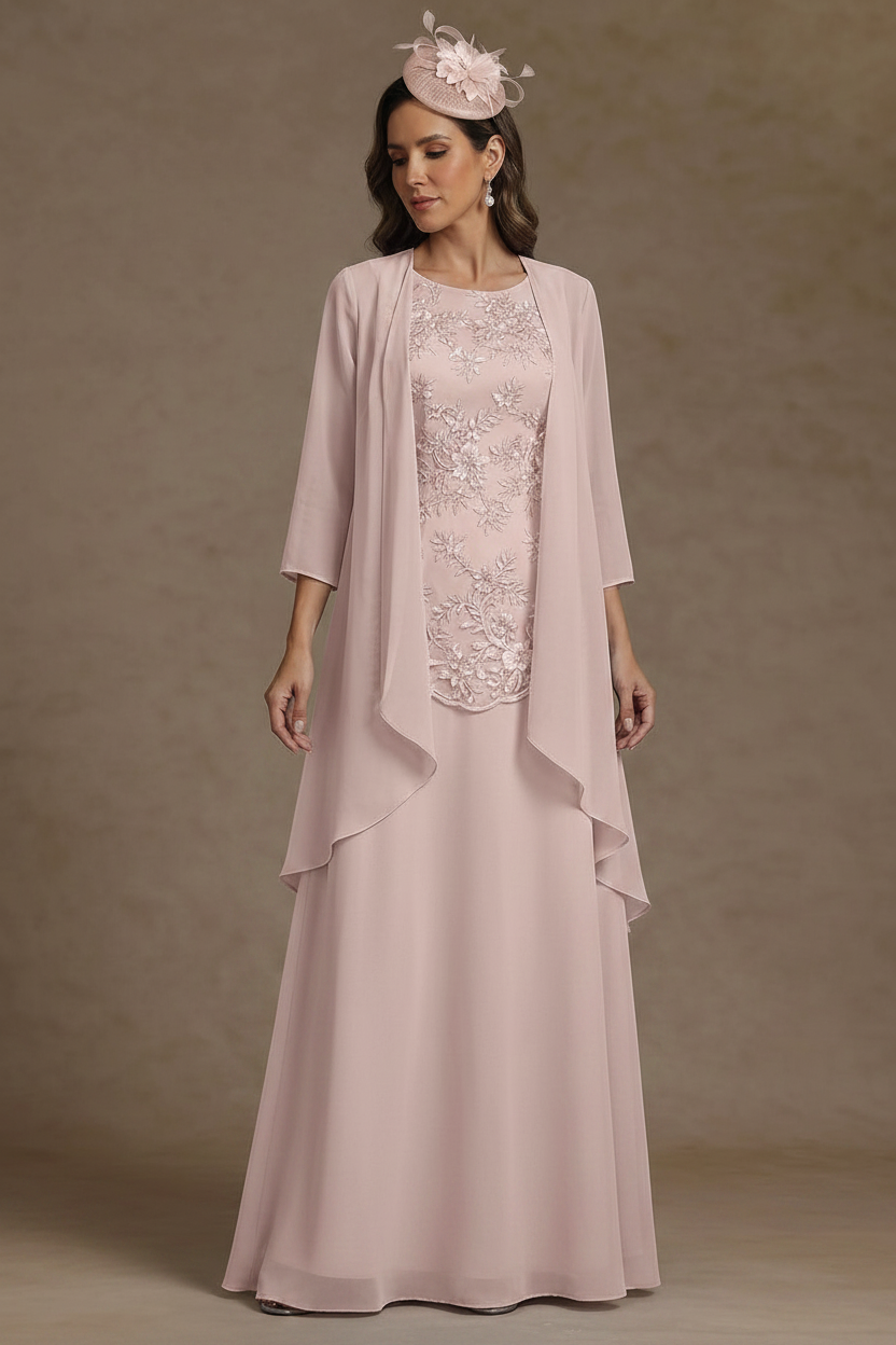 2 Pieces A-Line/Princess Scoop Chiffon Mother of the Bride Dresses with Jacket Floor-Length 3/4 Sleeves Lace
