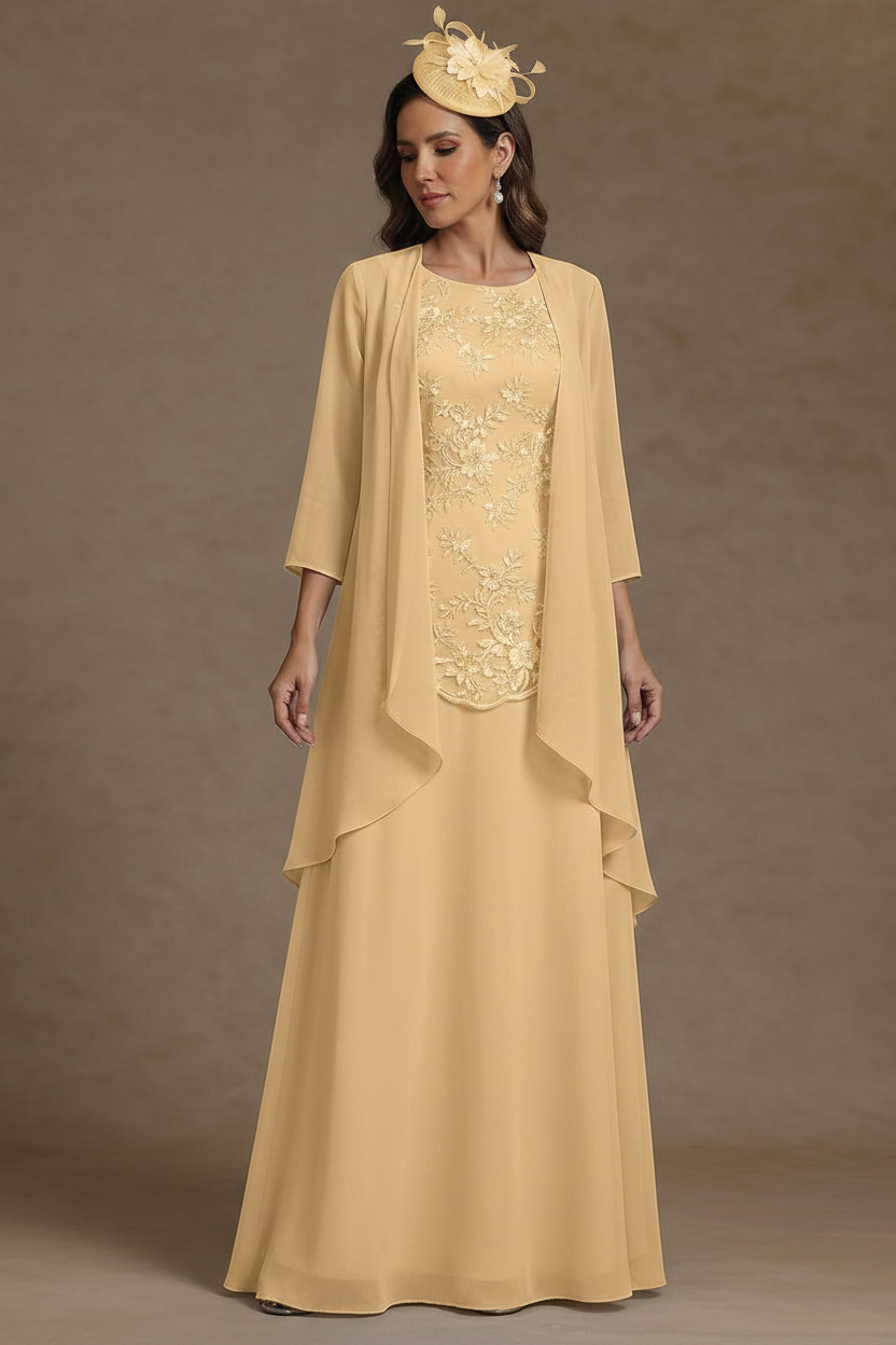 2 Pieces A-Line/Princess Scoop Chiffon Mother of the Bride Dresses with Jacket Floor-Length 3/4 Sleeves Lace