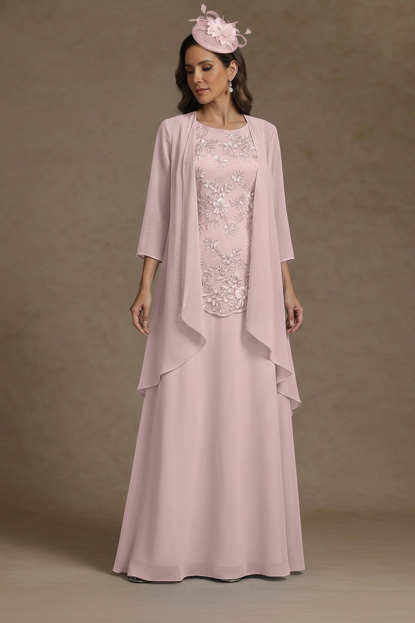 2 Pieces A-Line/Princess Scoop Chiffon Mother of the Bride Dresses with Jacket Floor-Length 3/4 Sleeves Lace