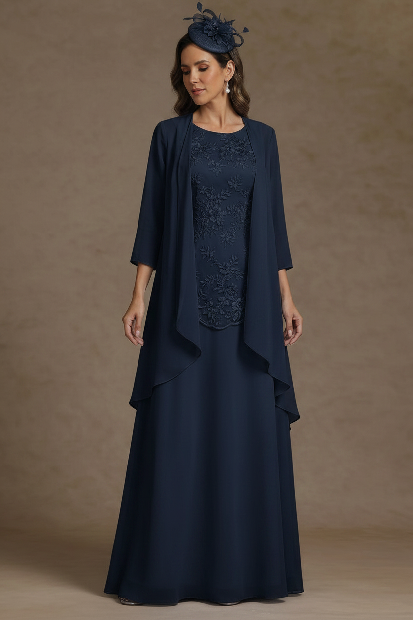 2 Pieces A-Line/Princess Scoop Chiffon Mother of the Bride Dresses with Jacket Floor-Length 3/4 Sleeves Lace