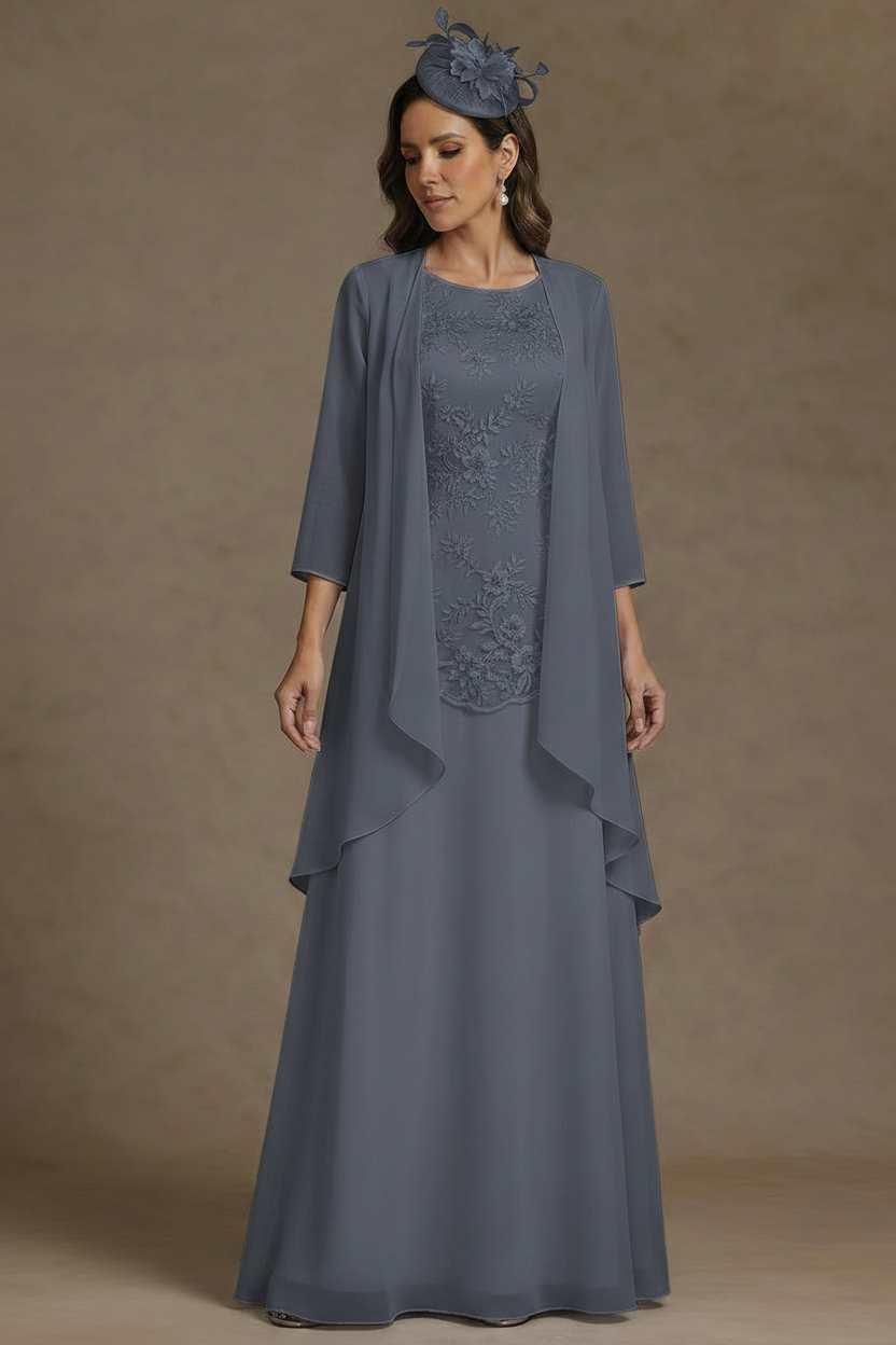 2 Pieces A-Line/Princess Scoop Chiffon Mother of the Bride Dresses with Jacket Floor-Length 3/4 Sleeves Lace