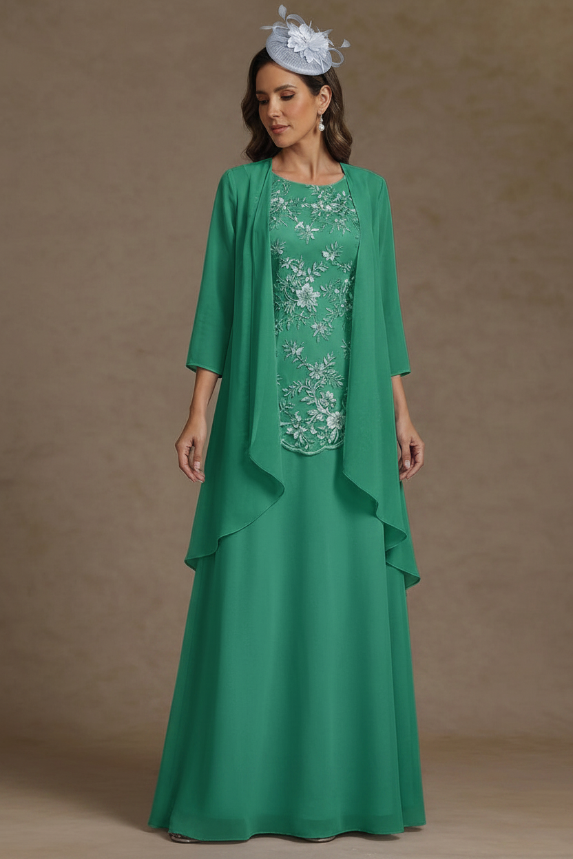 2 Pieces A-Line/Princess Scoop Chiffon Mother of the Bride Dresses with Jacket Floor-Length 3/4 Sleeves Lace