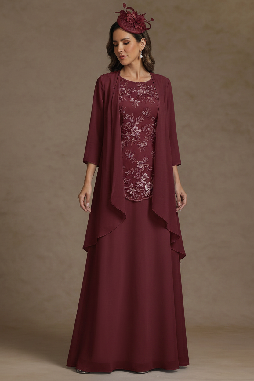 2 Pieces A-Line/Princess Scoop Chiffon Mother of the Bride Dresses with Jacket Floor-Length 3/4 Sleeves Lace