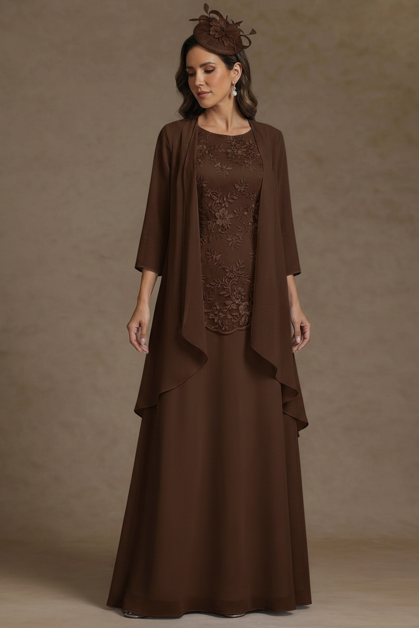 2 Pieces A-Line/Princess Scoop Chiffon Mother of the Bride Dresses with Jacket Floor-Length 3/4 Sleeves Lace