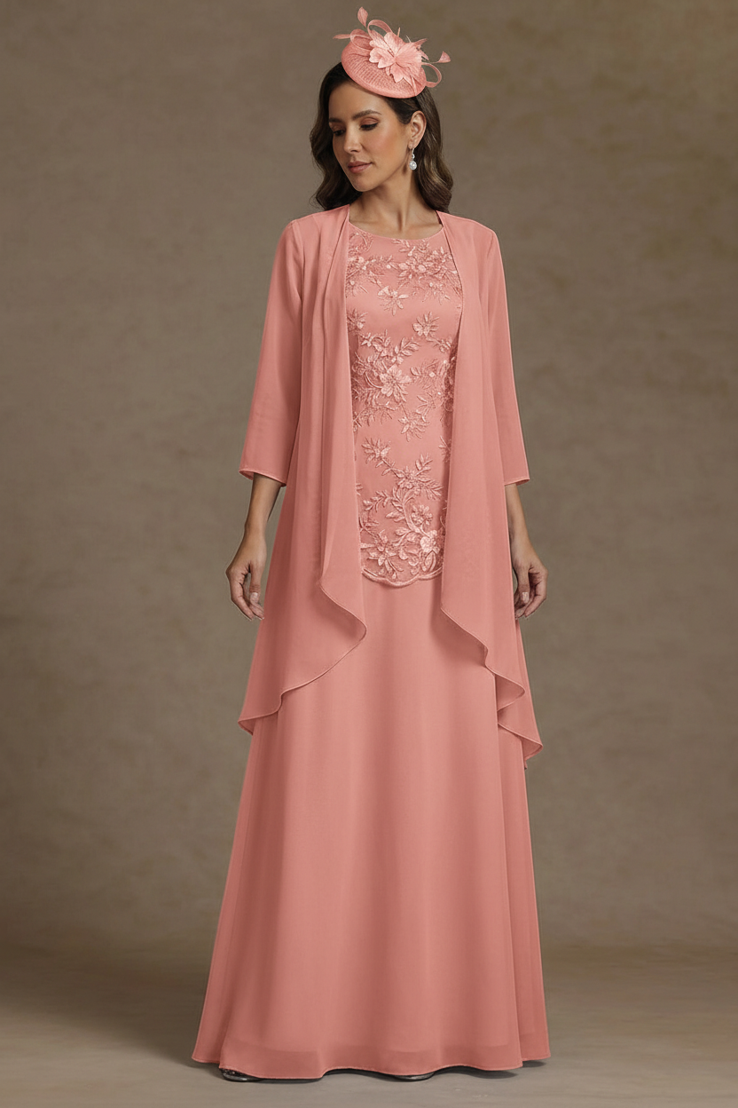 2 Pieces A-Line/Princess Scoop Chiffon Mother of the Bride Dresses with Jacket Floor-Length 3/4 Sleeves Lace