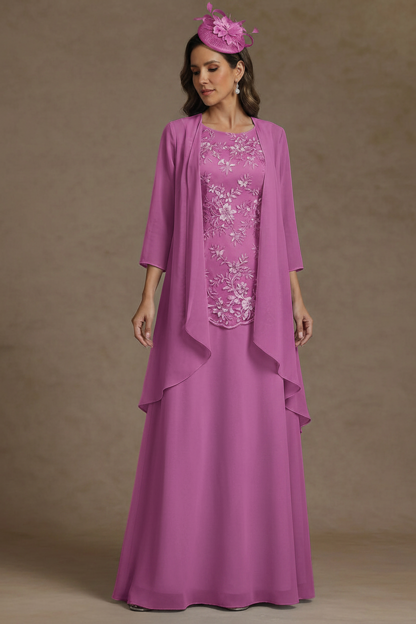 2 Pieces A-Line/Princess Scoop Chiffon Mother of the Bride Dresses with Jacket Floor-Length 3/4 Sleeves Lace