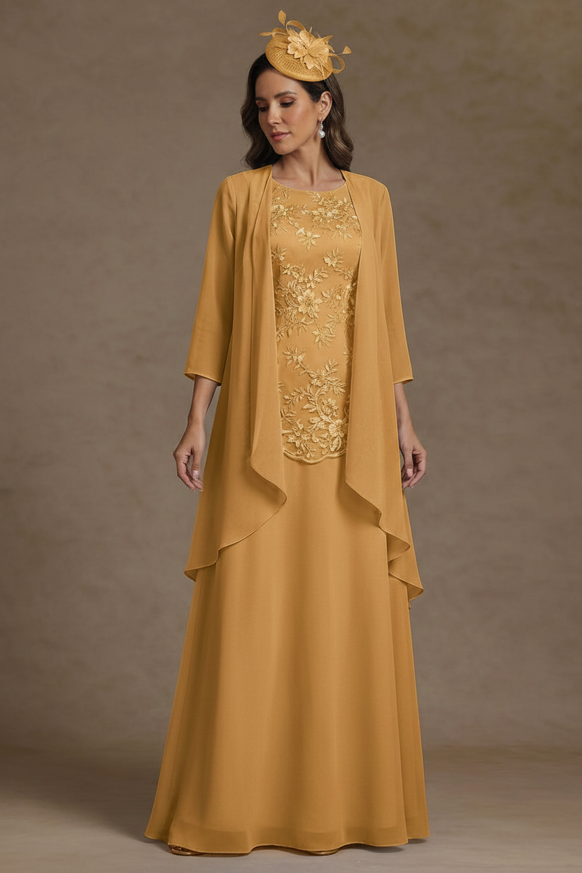 2 Pieces A-Line/Princess Scoop Chiffon Mother of the Bride Dresses with Jacket Floor-Length 3/4 Sleeves Lace
